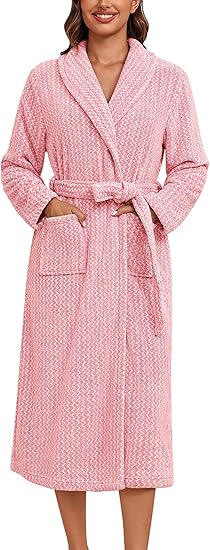 Women's Robe Long Plush Soft Bathrobe Cozy Warm Robes Shawl Collar Sleepwear with Pockets