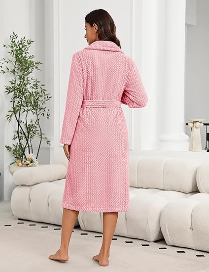 Women's Robe Long Plush Soft Bathrobe Cozy Warm Robes Shawl Collar Sleepwear with Pockets
