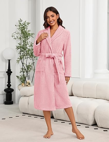 Women's Robe Long Plush Soft Bathrobe Cozy Warm Robes Shawl Collar Sleepwear with Pockets